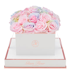 Blanche Square Candy Rainbow and Baby Pink Preserved Roses