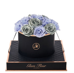 Noir Round Metallic Silver and Lavender Preserved Roses
